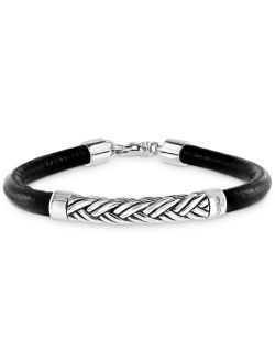 Collection EFFY Men's Woven-Look Black Leather Bracelet in Sterling Silver