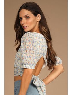 Picked for You Ivory Floral Print Pleated Tie-Back Crop Top