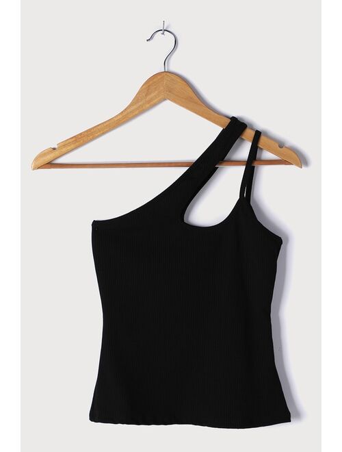 Lulus Balance Out Black Ribbed Asymmetrical One-Shoulder Tank Top
