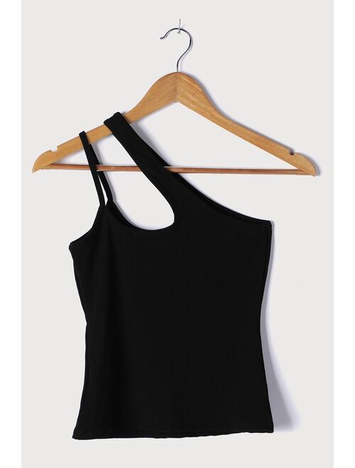Lulus Balance Out Black Ribbed Asymmetrical One-Shoulder Tank Top