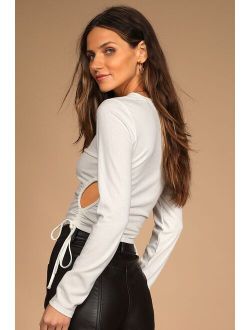 Feeling Lucky White Drawstring Ruched Cutout Long Sleeve Top
