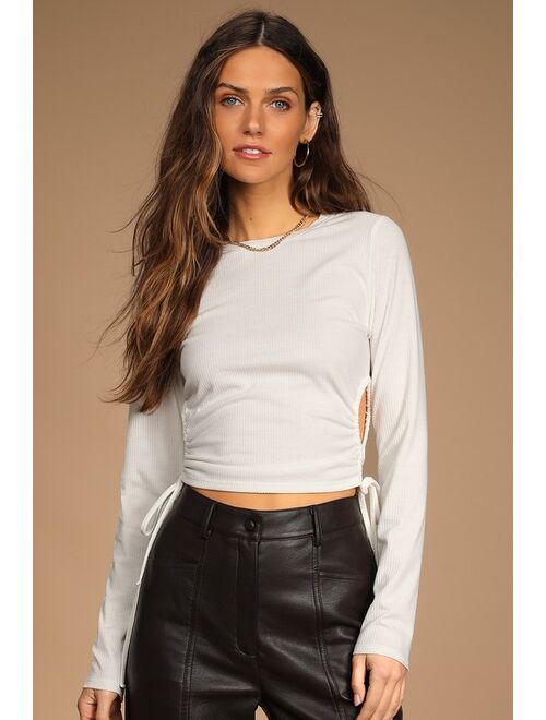 Lulus Feeling Lucky White Drawstring Ruched Cutout Long Sleeve Top