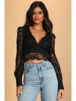 Sultry Allure Black Lace V-Neck Long Sleeve Crop Top