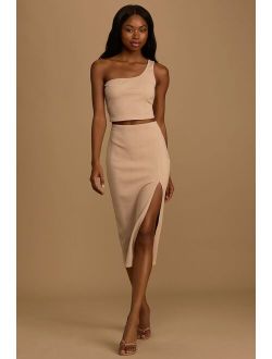Phenomenal Style Tan Ribbed One-Shoulder Two-Piece Midi Dress
