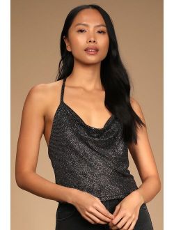 Impossible to Ignore Black Glitter Tie-Back Crop Top