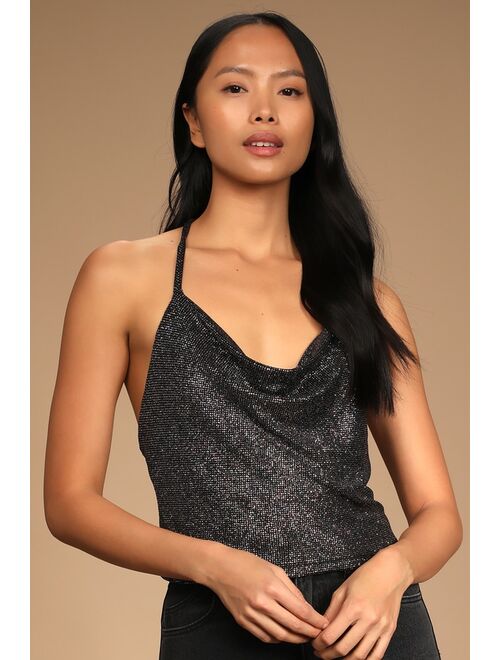 Lulus Impossible to Ignore Black Glitter Tie-Back Crop Top