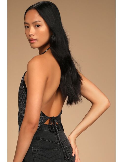Lulus Impossible to Ignore Black Glitter Tie-Back Crop Top