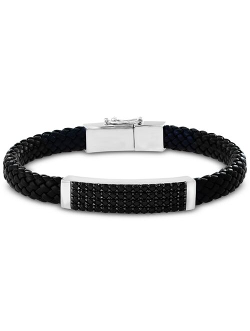 EFFY Collection EFFY® Men's Black Spinel Braided Leather Bracelet in Sterling Silver