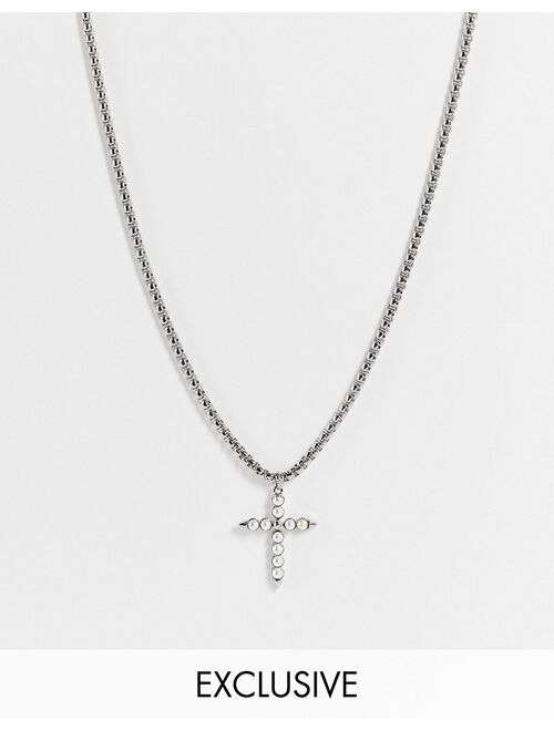 Reclaimed Vintage Inspired unisex chunky chain grunge necklace with faux pearl cross in silver