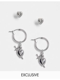 Inspired unisex mixed stud and hoop heart and dagger earring pack in silver