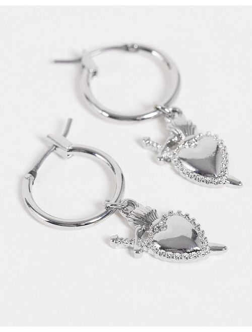 Reclaimed Vintage Inspired unisex mixed stud and hoop heart and dagger earring pack in silver