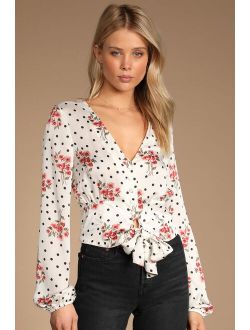 Doting Blooms White Floral Polka Dot Tie-Front Long Sleeve Top