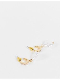 inspired unisex crystal huggie hoops with pearl flowers in gold