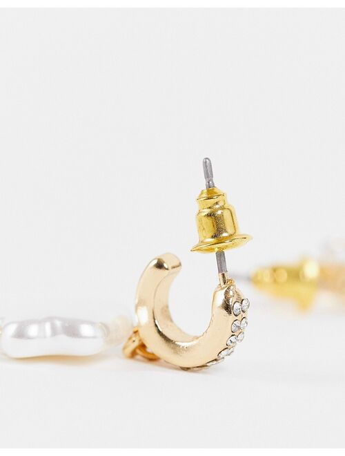 Reclaimed Vintage inspired unisex crystal huggie hoops with pearl flowers in gold