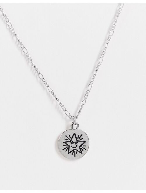 Reclaimed Vintage Inspired happy face star pendant necklace in silver
