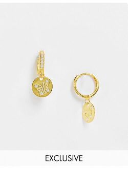 Inspired unisex sterling silver earrings with engraved butterfly in 14k gold plate
