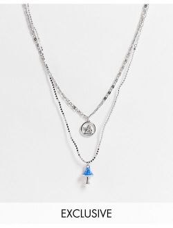 inspired multirow necklace with cherub and mushroom charms in silver