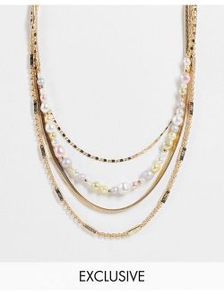 Inspired unisex multirow necklace with pastel faux pearl chain in gold