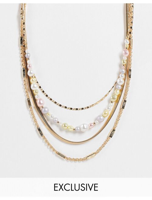 Reclaimed Vintage Inspired unisex multirow necklace with pastel faux pearl chain in gold