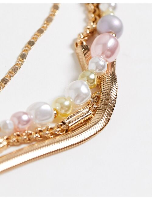 Reclaimed Vintage Inspired unisex multirow necklace with pastel faux pearl chain in gold