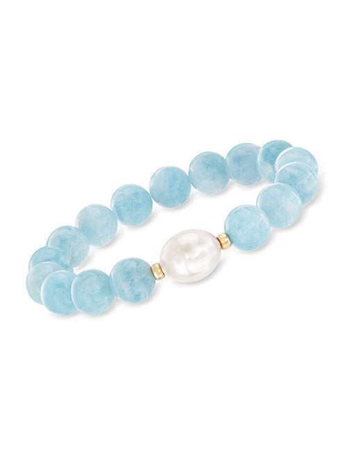 Ross-Simons 12-13mm Cultured Baroque Pearl and Milky Aquamarine Stretch Bracelet With 14kt Yellow Gold