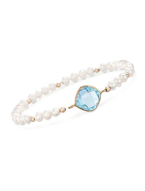 Ross-Simons 4.60 Carat Sky Blue Topaz and 4-5mm Cultured Pearl Bracelet in 14kt Yellow Gold