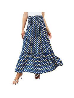 EXLURA Women's Bohemian Floral Printed High Waist Pleated Beach Party Long Maxi Skirt