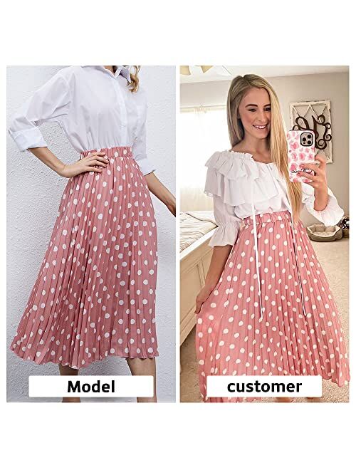 EXLURA Womens Pleated Skirt Polka Dot Elastic High Waist A-Line Midi Swing Skirt