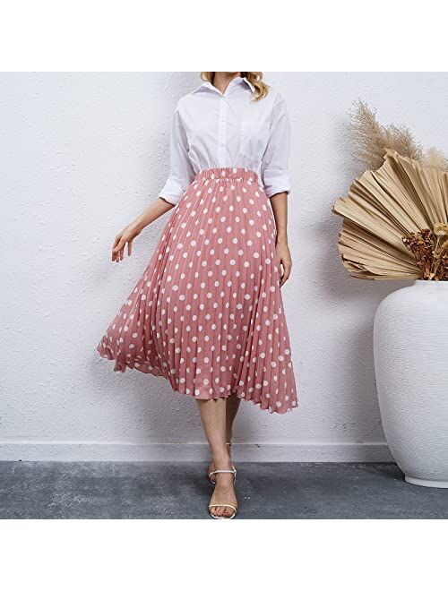 EXLURA Womens Pleated Skirt Polka Dot Elastic High Waist A-Line Midi Swing Skirt