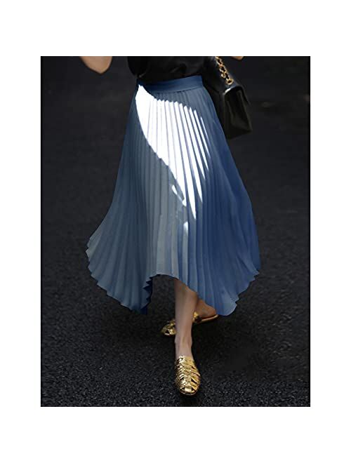 EXLURA Women's Asymmetrical Plisse Pleated Midi Skirt High Waist A-Line Flowy Skirt