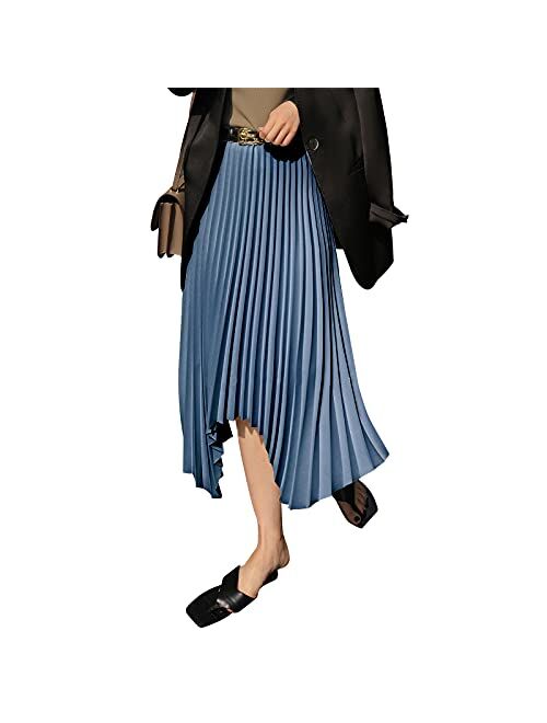 EXLURA Women's Asymmetrical Plisse Pleated Midi Skirt High Waist A-Line Flowy Skirt