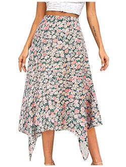 High Waist Floral Ruffle Midi Skirt Casual Boho A Line Swing Asymmetrical Skirt