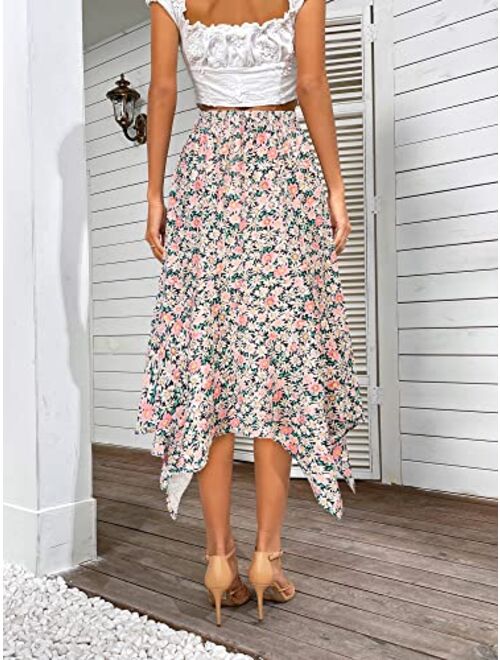 Kate Kasin High Waist Floral Ruffle Midi Skirt Casual Boho A Line Swing Asymmetrical Skirt