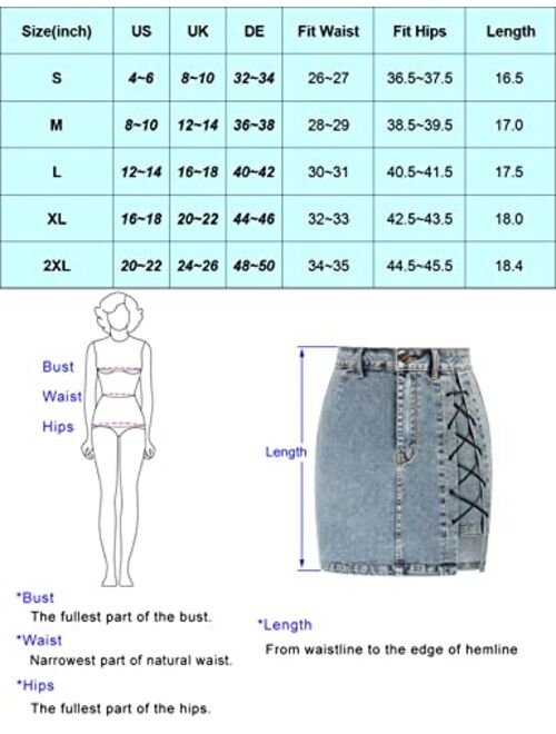 Kate Kasin Women Lace Up Jean Bodycon Mini Skirt High Waist A Line Denim Pencil Skirt