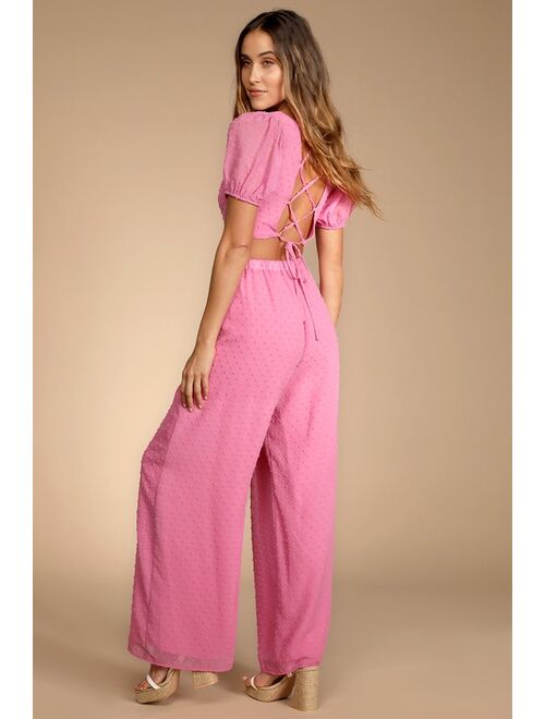 Lulus Beyond Cute Pink Swiss Dot Two-Piece Lace-Up Jumpsuit