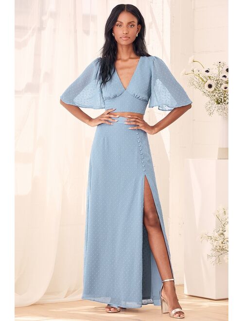 Lulus Save Your Love for Me Slate Blue Swiss Dot Two-Piece Maxi Dress