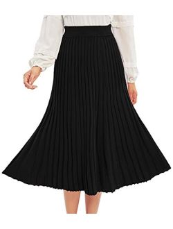 Women's High Waist Pleated Flared A-line Ribbed Knit Midi Skirt