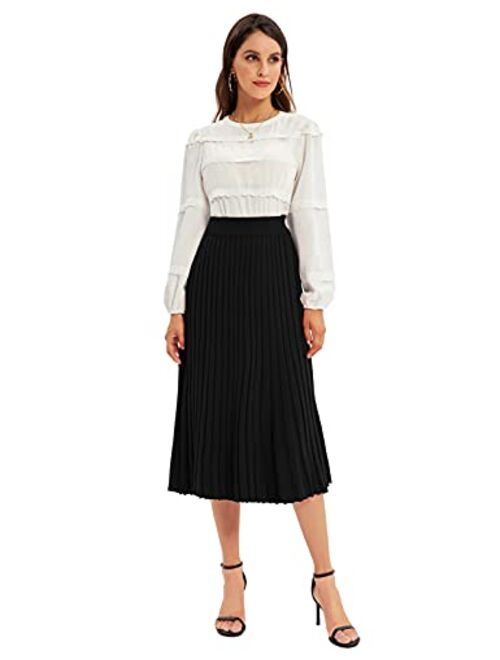 GRACE KARIN Women's High Waist Pleated Flared A-line Ribbed Knit Midi Skirt