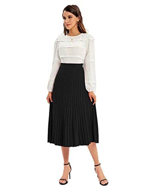 GRACE KARIN Women's High Waist Pleated Flared A-line Ribbed Knit Midi Skirt