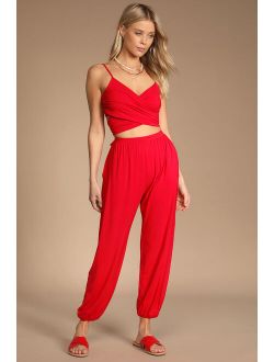 Doin' it Right Bright Red Wrap Two-Piece Jumpsuit