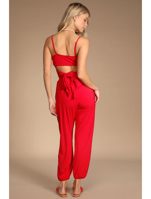 Lulus Doin' it Right Bright Red Wrap Two-Piece Jumpsuit