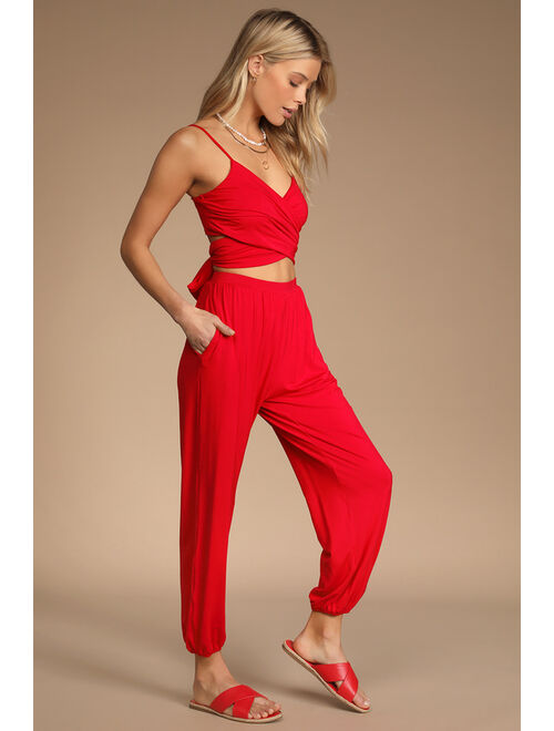 Lulus Doin' it Right Bright Red Wrap Two-Piece Jumpsuit