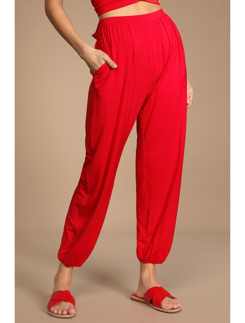 Lulus Doin' it Right Bright Red Wrap Two-Piece Jumpsuit