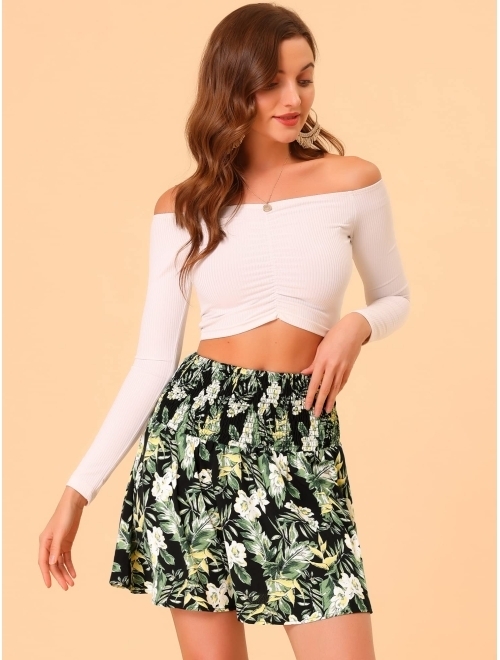 Allegra K Smocked Skirts for Women's Summer Elastic Waist Mini Floral Skirt