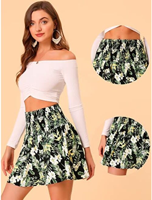 Allegra K Smocked Skirts for Women's Summer Elastic Waist Mini Floral Skirt
