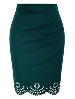 Womens Elegant Ruched Knee Length Slim Fit Business Skirt
