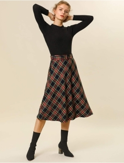 Women's Tartan Plaid High Waist Belted Vintage A-Line Midi Skirt
