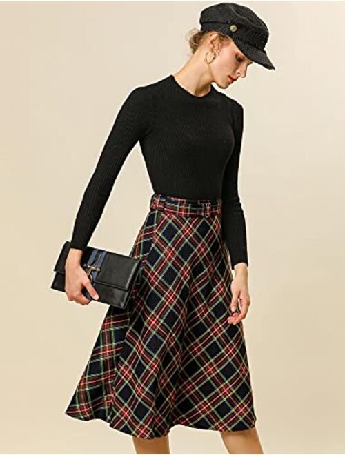 Allegra K Women's Tartan Plaid High Waist Belted Vintage A-Line Midi Skirt