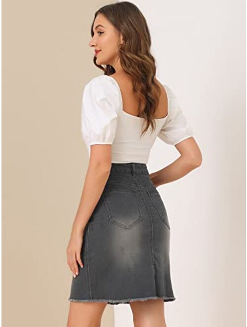 Allegra K Women's Basic Distressed High Waist Ripped Hem Washed Jeans Denim Skirt