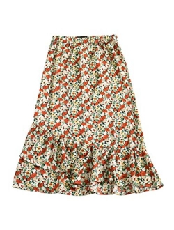 Women's Floral Elastic Waist Ruffle High Low Hem Spring Vintage Skirt